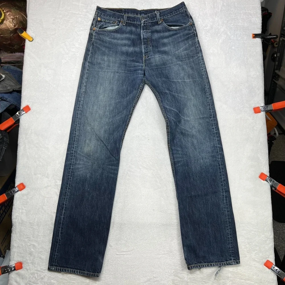 Levi's‎ 501 Jeans Mens Blue Denim Mid Rise Straight Button Fly 33X35.5 - Flaws